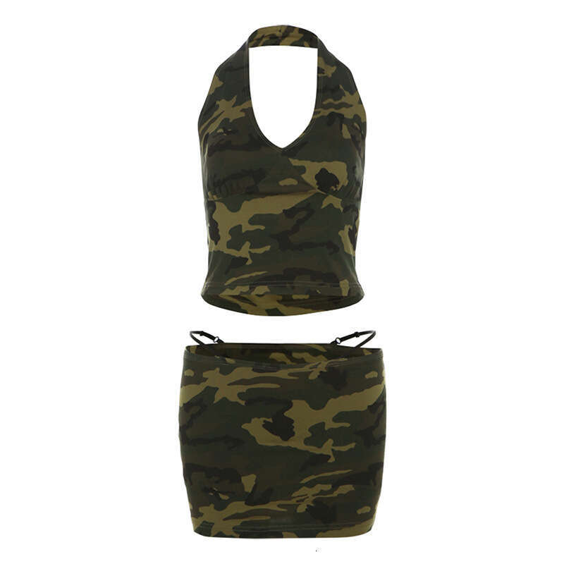 2024 Summer New Women's Solid Color Slim Halter Neck Tank Top Fashion Low Waist Skirt Set 0a4