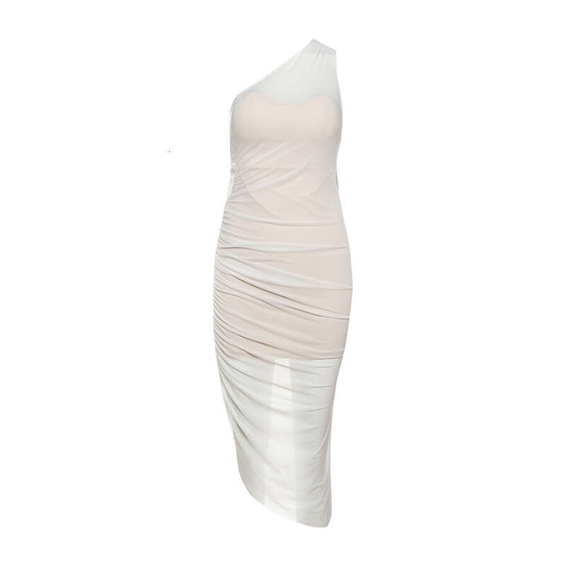 2025 Spring New Women's Solid Color Slim High Waist Fashion One-Shoulder Asymmetrical Neck Sleeveless Dress 848