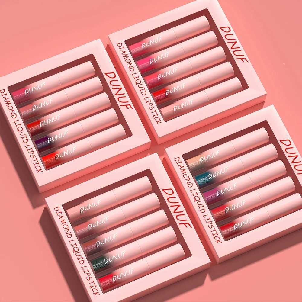 DUNUF 5-piece Set of Matte Diamond Sparkle Lipsticks and Lip Gloss Waterproof and Transfer-proof Lipstick SetXJ250724