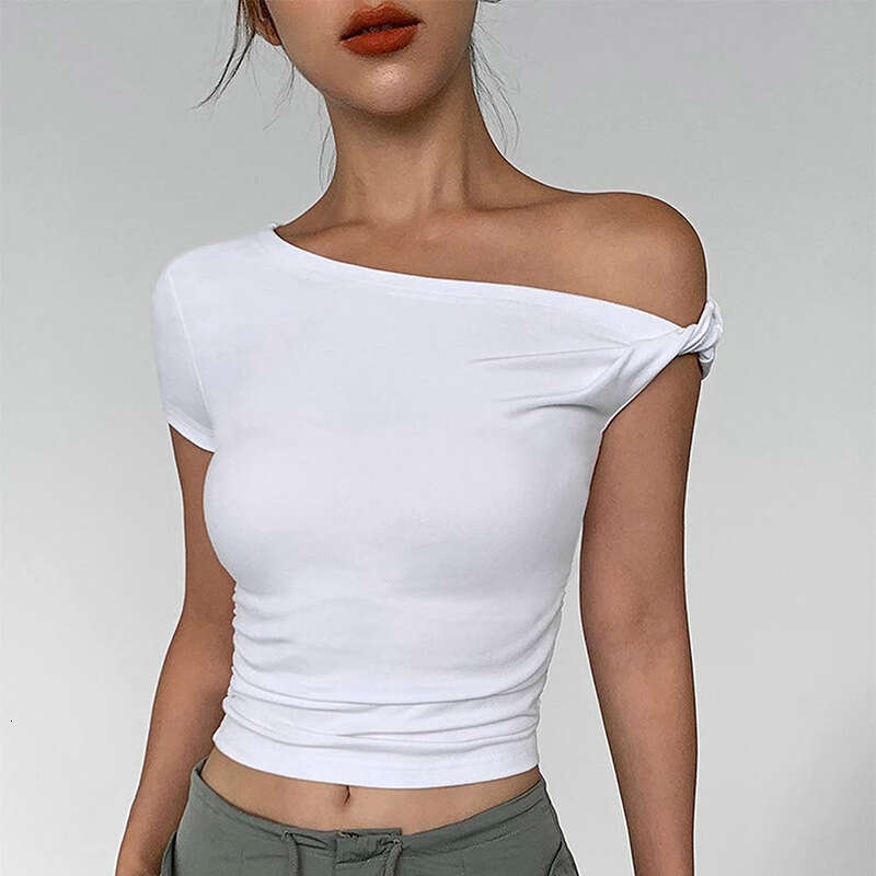 Qtp234 Women's Summer New Solid Color One-Shoulder Crop Asymmetric Sexy Small Top For Women B5