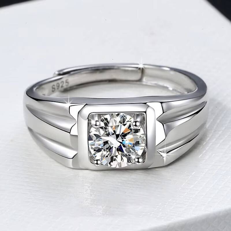 Fine Jewelry Classic 1CT VVs1 Moissanite Synthetic Diamond Heavy S925 Sterling Silver Men Adjustable Rings of Gifts