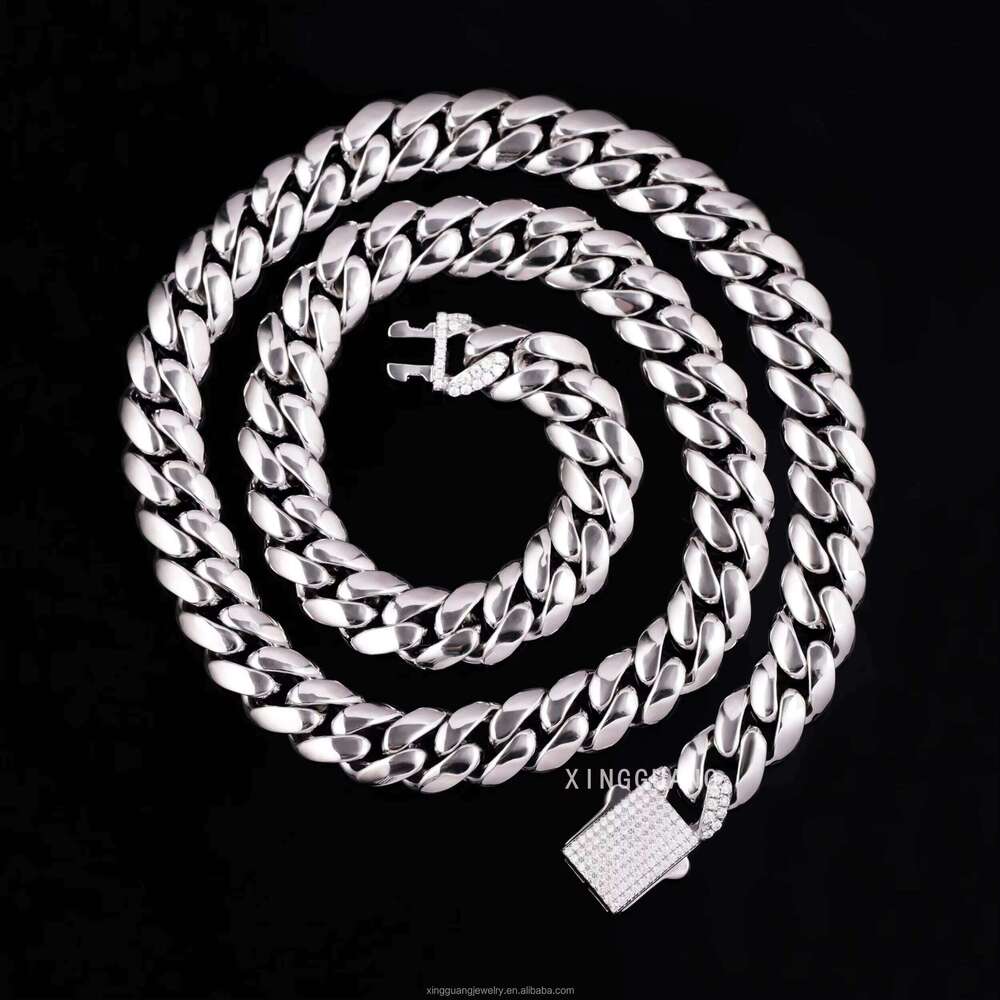 Custom Polished 8/10/12mm Solid Sier Plain Link Spring Clasp VVS Moissanite Lock Cuban Chain Necklace Men Jewelry