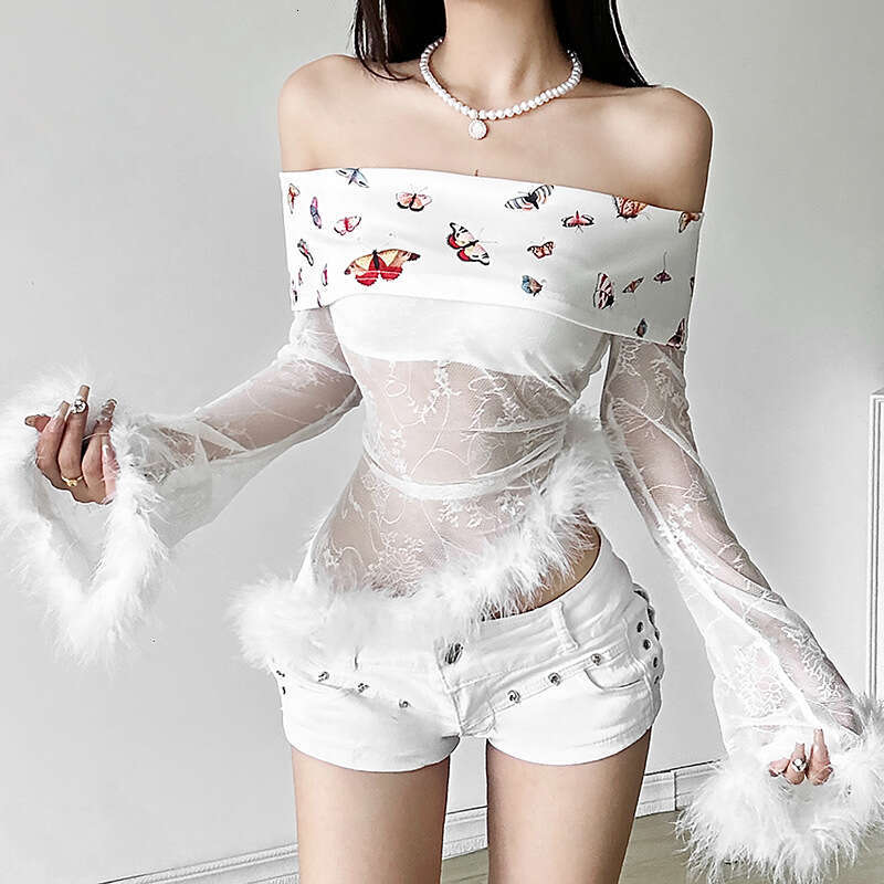 2024 Autumn New Fashion Sexy Off-Shoulder Long Sleeve Mesh Irregular Top 9c8