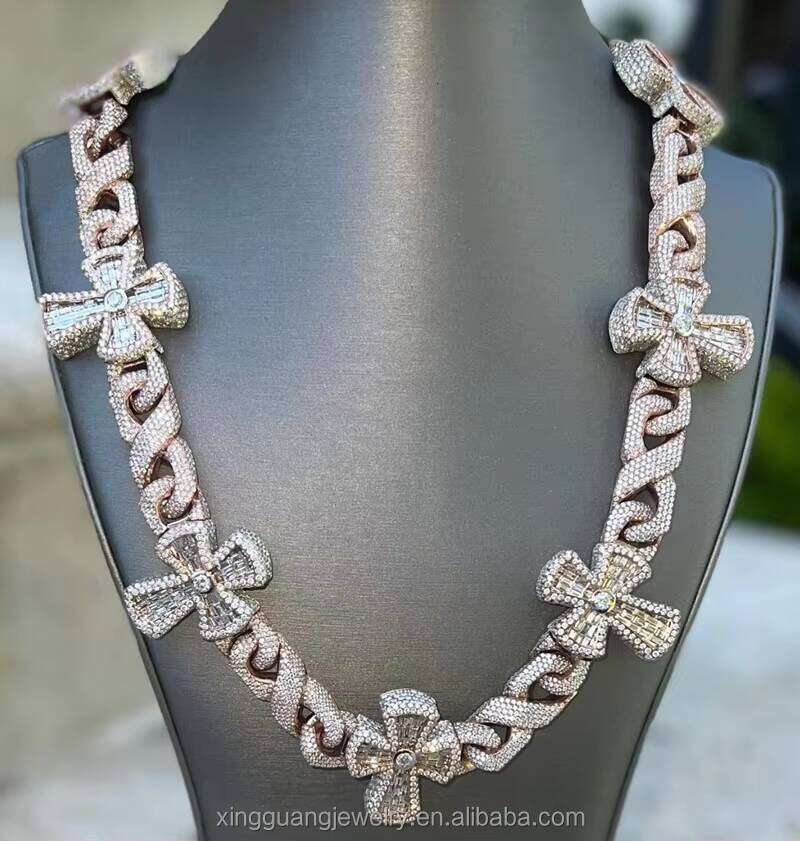 Customized Cross baguette Moissanite Heavy Cuban Link Sterling Jewelry Charms Sier Chain Hip Hop Necklace