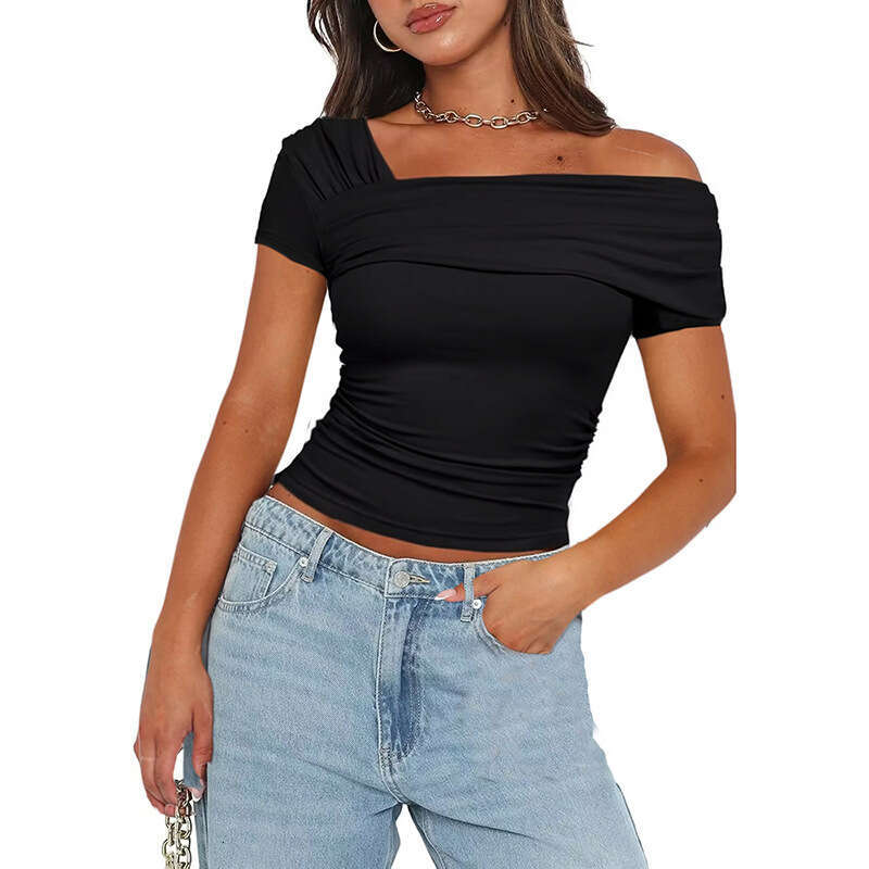Y23tp706 Women's Autumn New Solid Color One-Shoulder Short Sleeve Backless Ruched Top T-Shirt B5