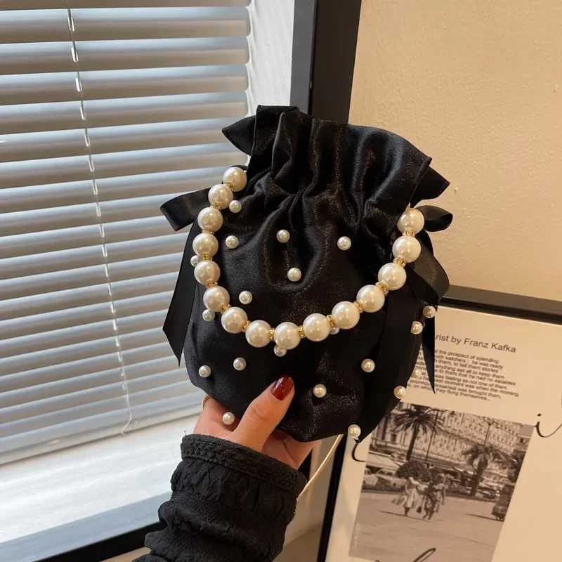 Brand Shoulder Bags For Women High Quality Luxury Ladies Handbag Black Bead Pearl Imitation Silk Fem Bucket Crossbody Bag Y250725