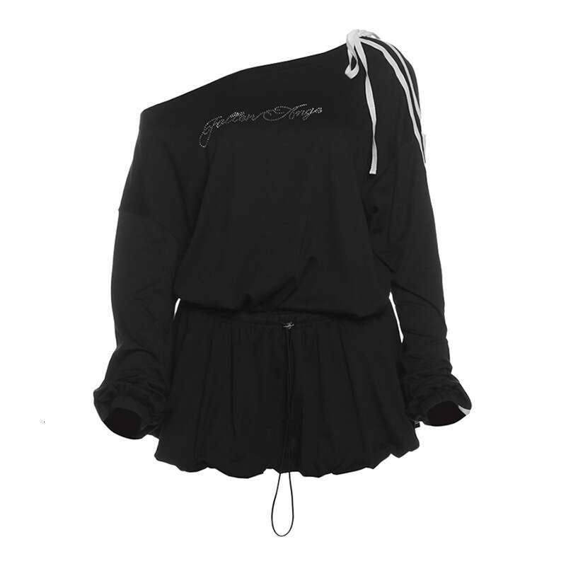 2024 Autumn New Women's Solid Color Loose Street Fashion Asymmetrical Neck Rhinestone Long Sleeve Dress ff9