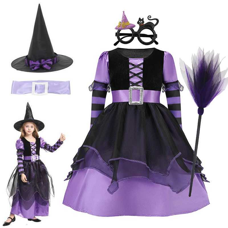 Girls Halloween Witch Costume Purple Mesh Dress with Hat Broom Kids Cosplay Gown for Carnival Magic Villain Role-Play Z250725