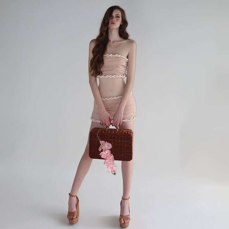 2025 Summer New Style Niche Ruffled Waist Pleated Sleeveless Tube Top Bodycon Mini Dress for Women 9e4