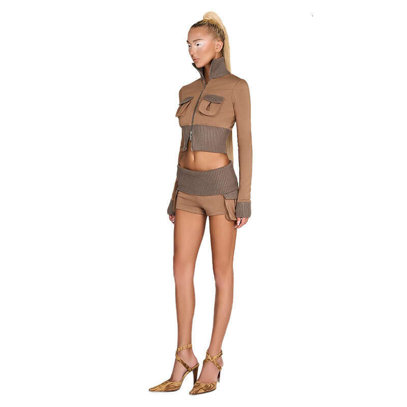 2024 Autumn New Women's Solid Color Slim Fit Long Sleeve Zipper Top Fashion Low Waist Shorts for Women 2bb