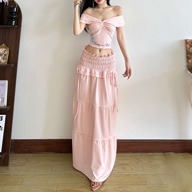 2025 Summer New Letter Print Off-Shoulder Slim Top High-Waisted Skirt Set for Women 7e3