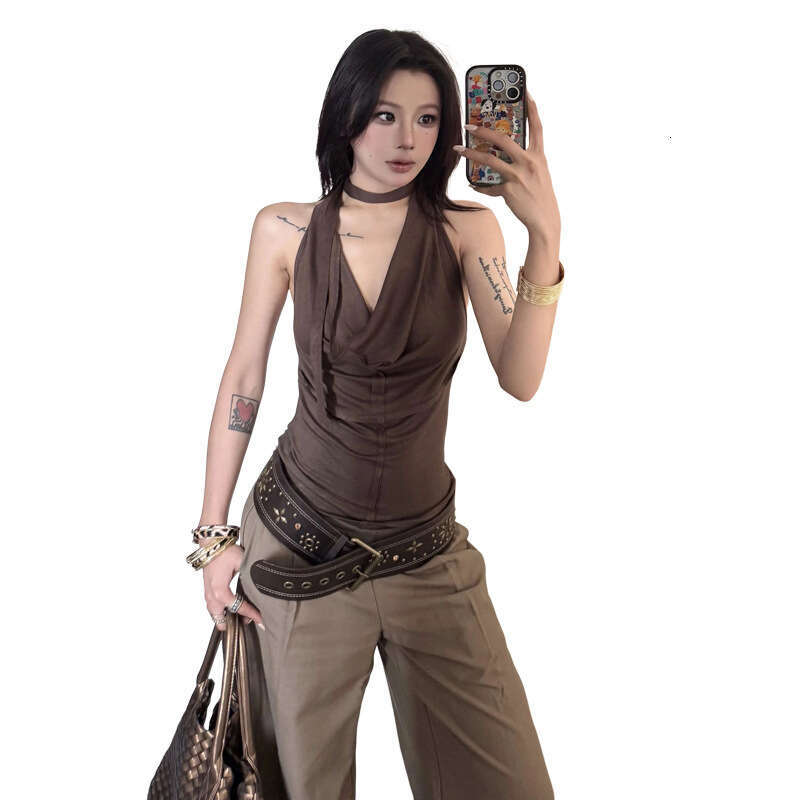 2025 Summer New Solid Color Halter Deep V Neck Waist-Cinching Slim Fit Sleeveless Elegant Versatile Women's Top 348