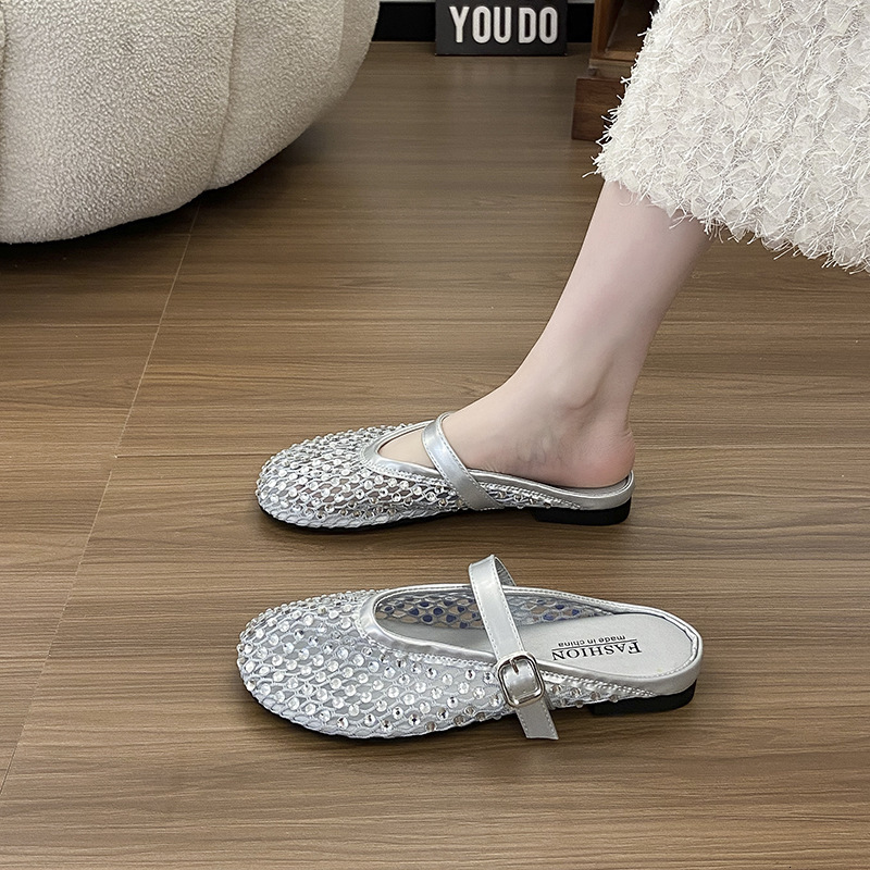 Ddmysports Shiny Diamond Niche Hollow Out Half For Women Summer Slip On Fairy Style Breathable Flat Closed Toe Slippers Outdoor Shoes