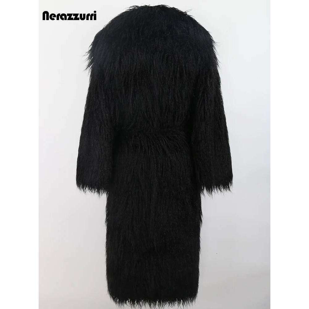 Nerazzurri Winter Long White Black Hairy Shaggy Fluffy Thick Warm Soft Stylish Faux Mongolia Lamb Fur Coat Women Belt Lapel 2023