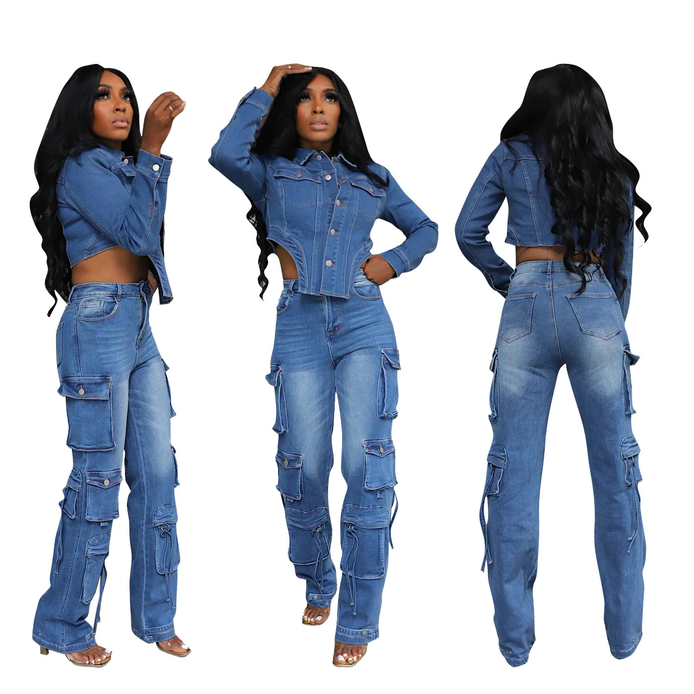 TS1318 new womens casual washed denim suit