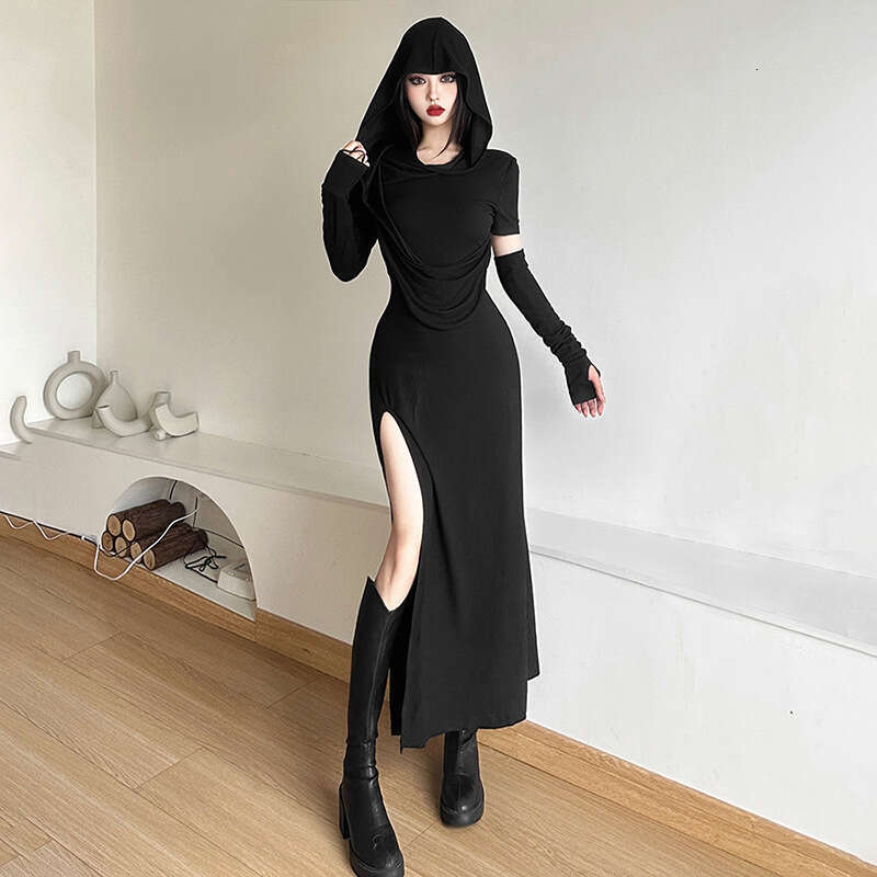 2023 Autumn New Women's Solid Color Slim High Waist Fashion Hooded Long Sleeve Split Dress a4e