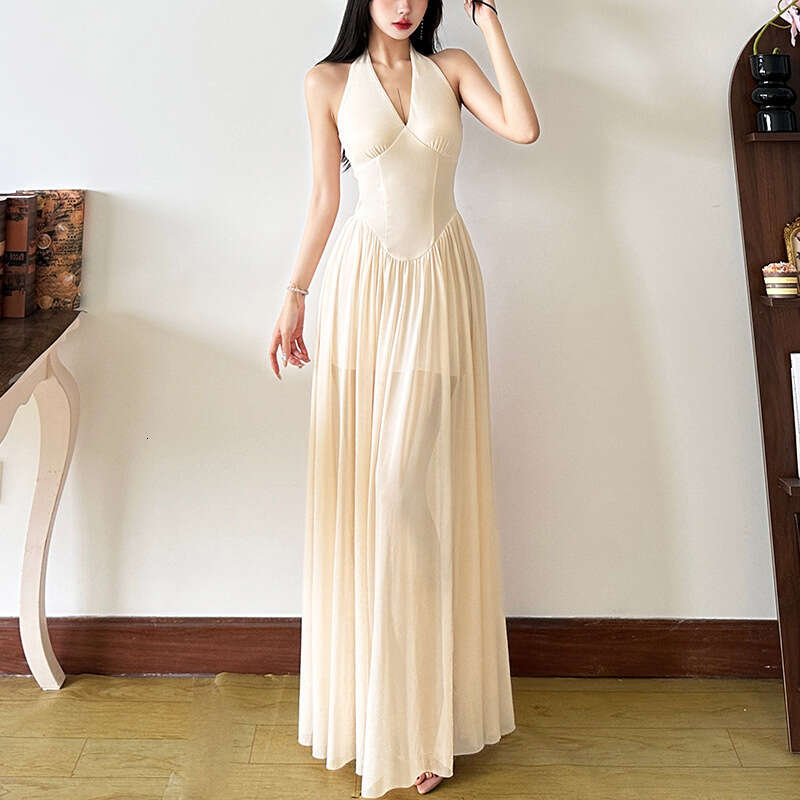 2025 Spring New Women's Solid Color Slim High Waist Fashion V-Neck Halter Sleeveless Dress 2b3