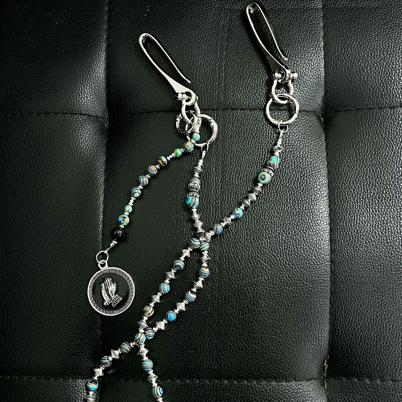 Original punk style pants chain handmade turquoise retro jeans decoration 250722