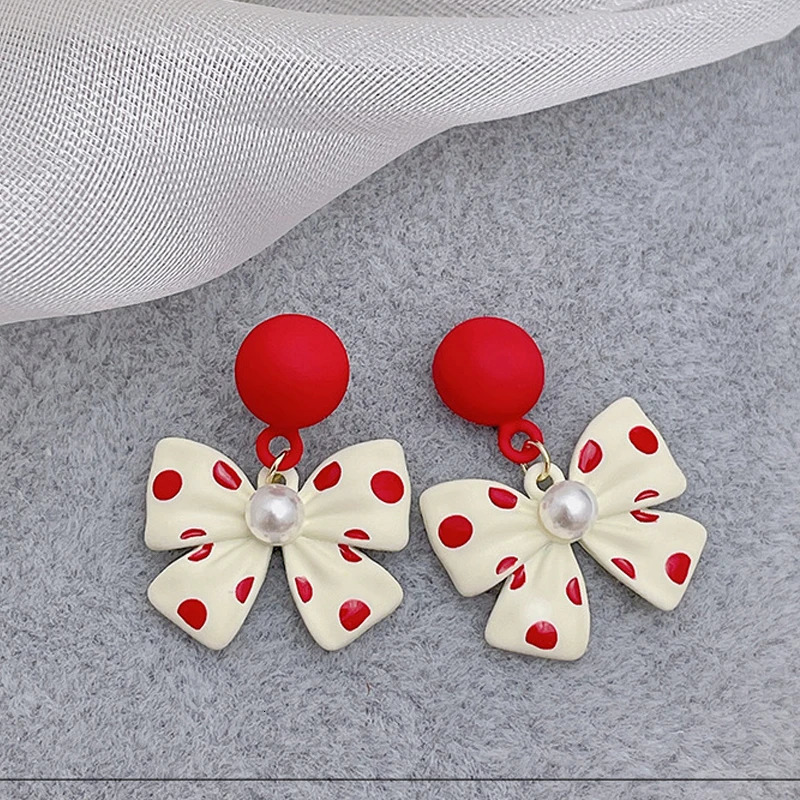 Cute Pearl Bowknot Drop Earrings for Women Red Round Dangle Wedding Party Wave Point Print Sweet Jewelry pendientes 250715