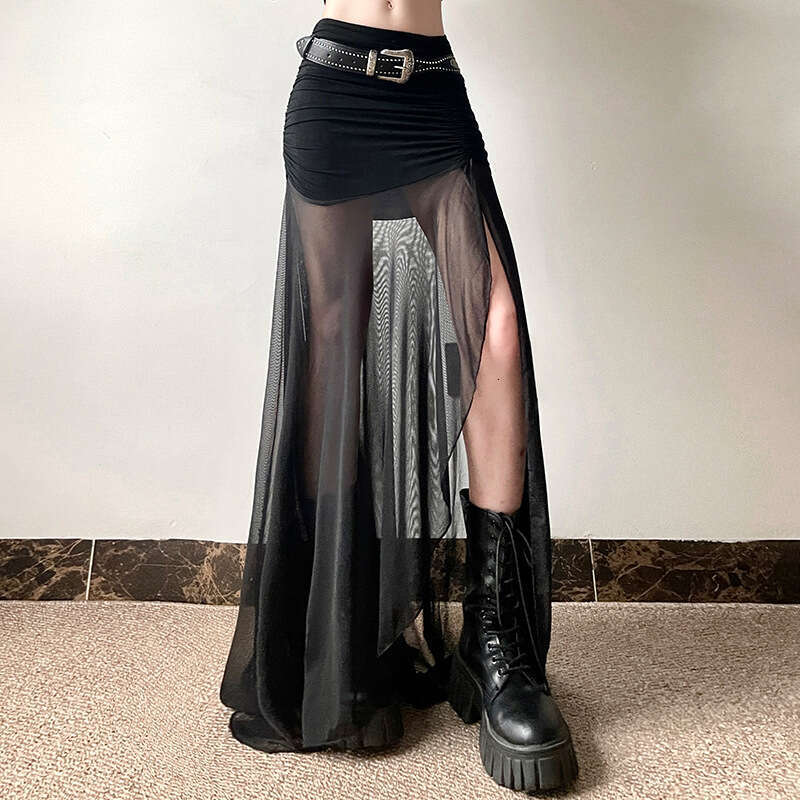 2024 Summer New Women's Solid Color Slim Street Fashion High Waist Mesh Split Skirt b51