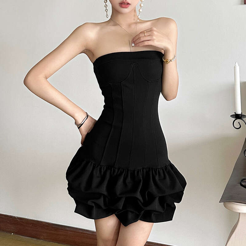 2024 Autumn Winter New Women's Solid Color Slim High Waist Fashion Off-Shoulder Tube Dress f29