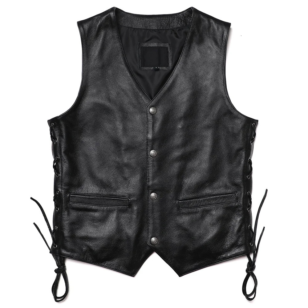 Classical Motorcycle Leather Vest Mens Natural Cowhide Genuine Slim V Neck Tassels Sleeveless Jacket 250725