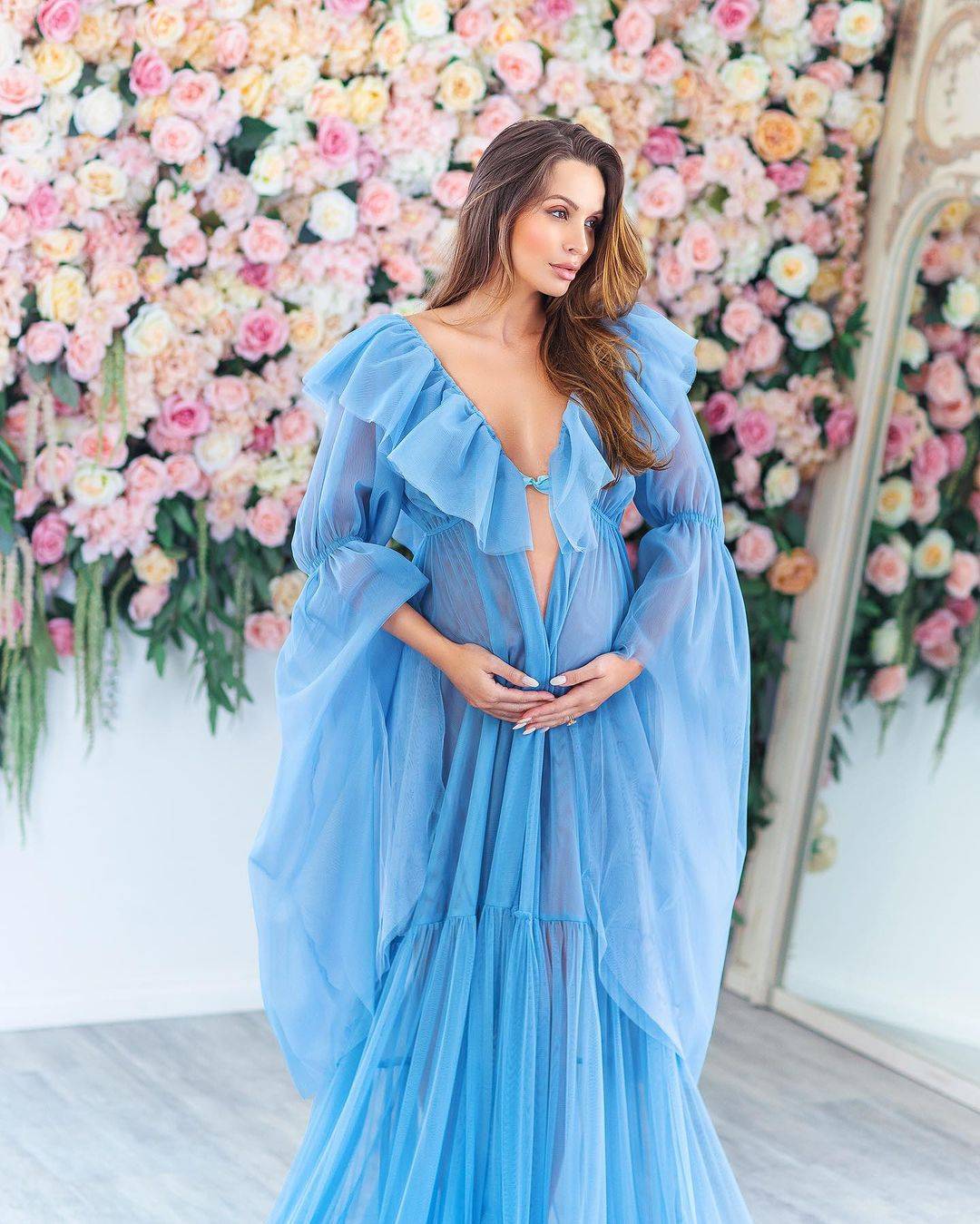 Tulle Maternity Prom Dresses Fluffy Tiered For Photoshoot Maternity Gown Lace Long Sleeves A Line Dress Customized
