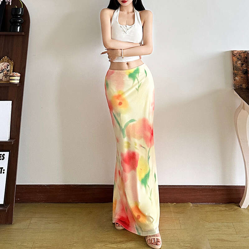 2025 Spring New Women's Solid Color Slim Fit Street Fashion High Waist Pencil Print Skirt 3d3