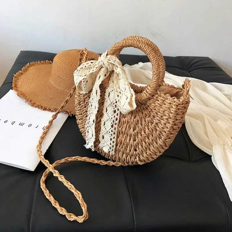Str Bag Women Hand-Woven Handbag Moon Shape Lace Bow Rattan Bag Large Capacity Drawstring Casual Beach Shoulder Crossbody Bag Y250725