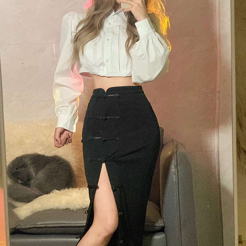 2022 Autumn Winter New Women's Solid Color Slim High Waist Bodycon Fashion Sexy Slit Midi Skirt 433