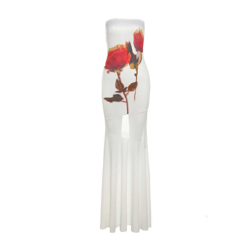 2025 Spring New Women's Solid Color Slim Fit Fashion Off-Shoulder Sleeveless Printed Dress 469