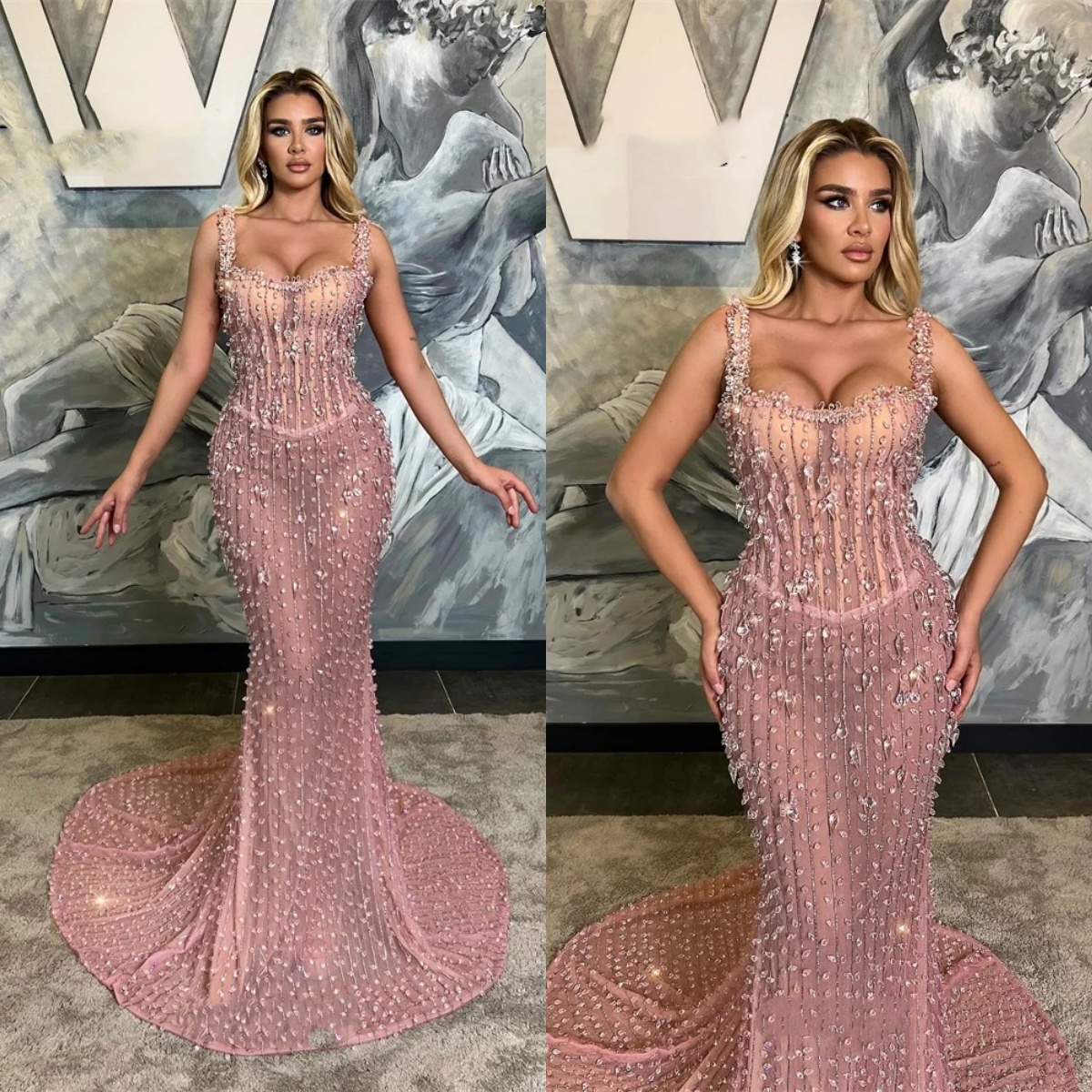 Luxury Evening Dresses For Women Square Neck Spaghetti Strap Sleeveless Gown Rhinestone Sequins Sweep Train Dress Party Customized Dress