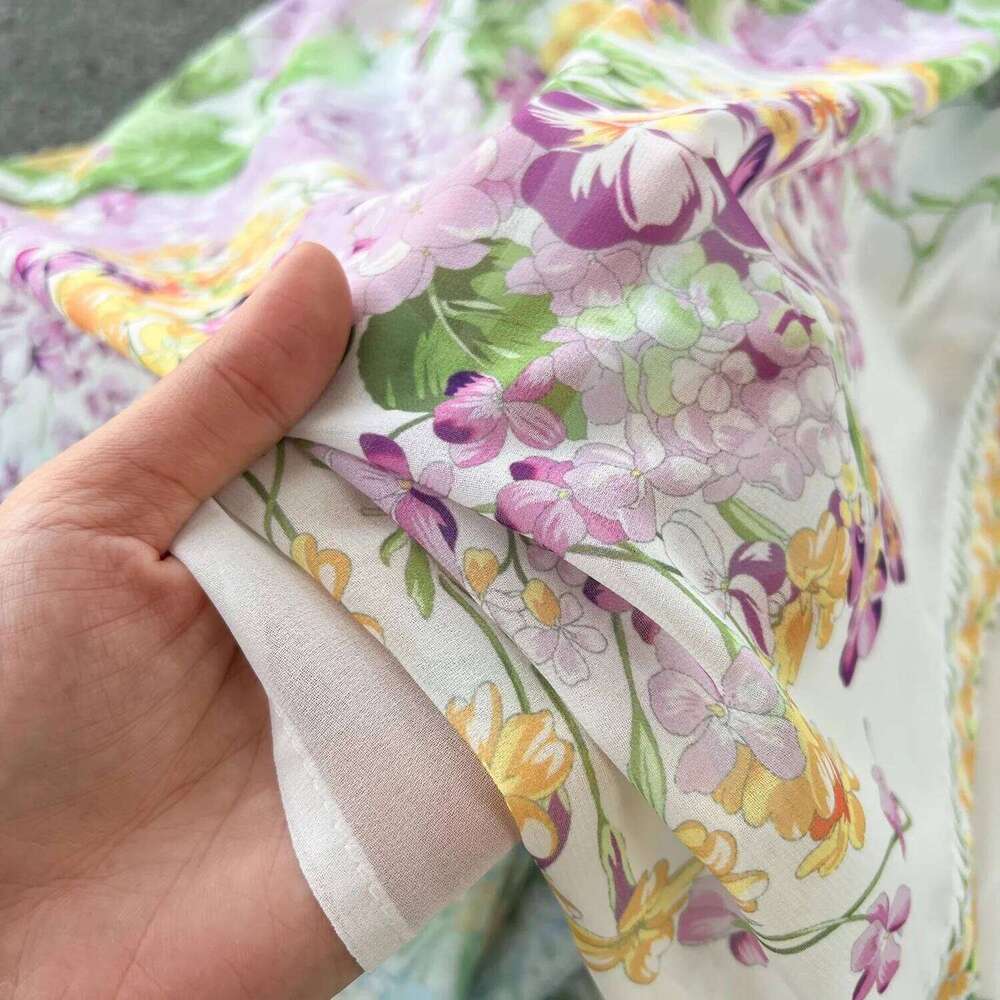 Fashion Runway Gorgeous Flower Holiday Chiffon Dress Women Stand Long Lantern Sleeve Floral Print Belt Lace Up Boho Robe Vestido