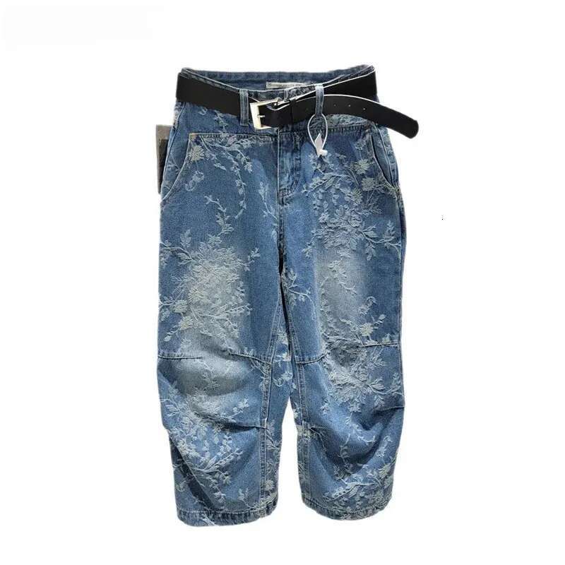 Women Short Jeans Jacquard Thin Style High Waist Straight Wide Leg Denim Calf-Length Pants 2025 New Fashion Summer 29A1826