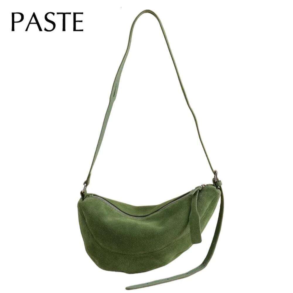 Strict Selection Autumn Crescent Saddle Soft Green Red Matte Suede Cow Leather Women Crossbody Bag High-end Daily-use Purse