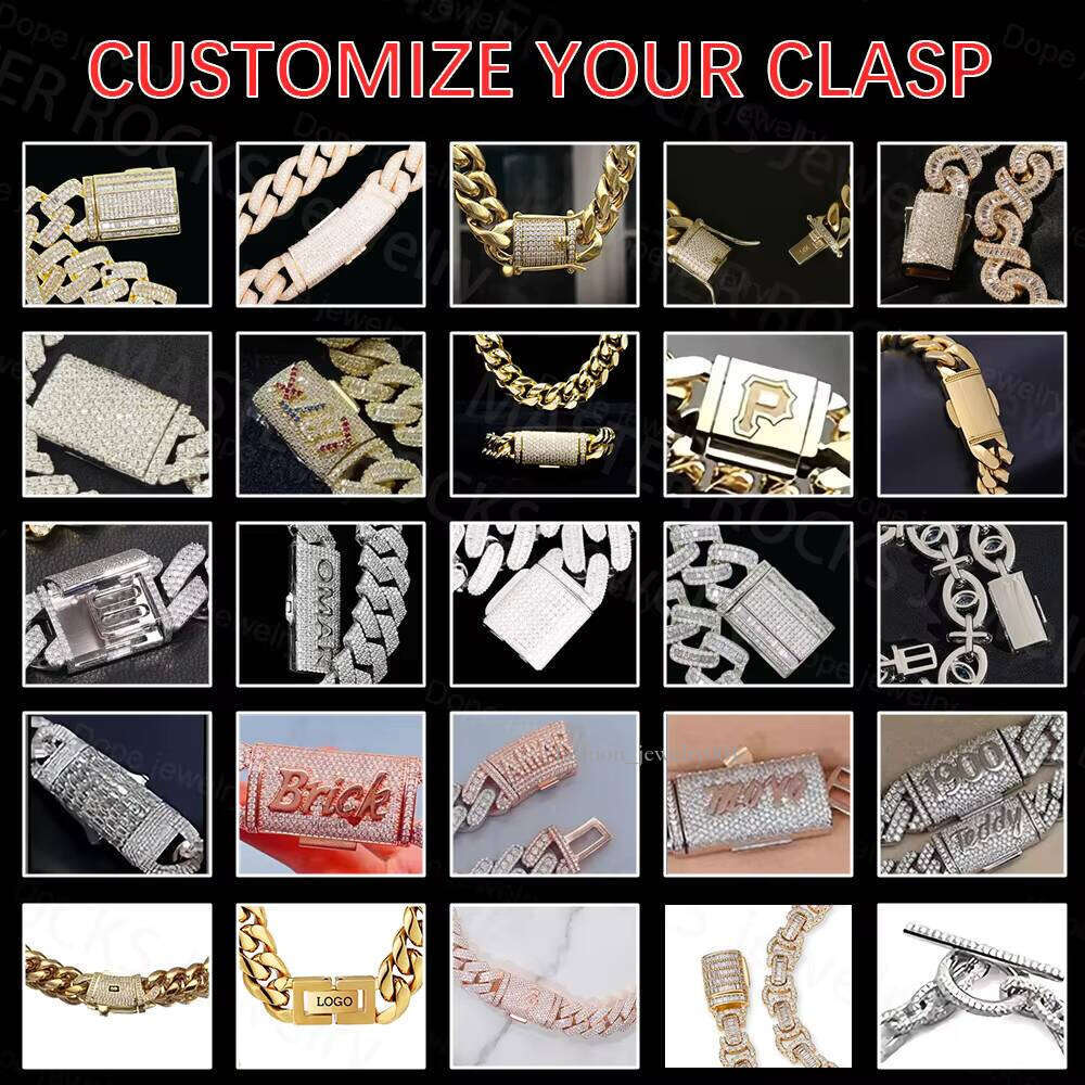 All Size 8mm 10mm 18mm Chain Plain Sier Moissanite Clasp Gold Plated Miami Cuban Link