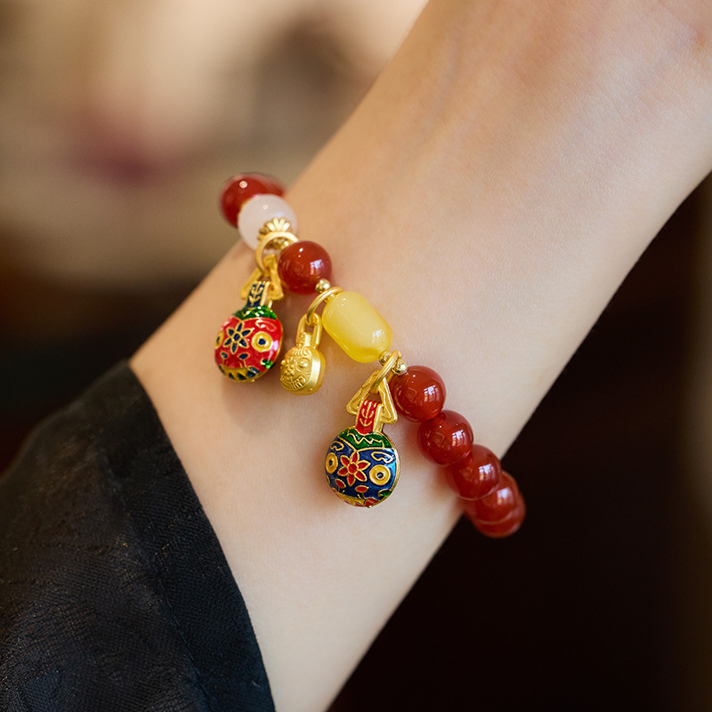 New Design Chinese Style Versatile Bracelet Natural Red Agate with Gold Devouring Beast Type II Amber Pendant for Women