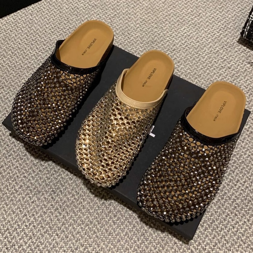 French Style Rhinestone Thick-Soled Closed-Toe Mules for Women Summer 2025 New Korean Version Slip-On Flat Sandals ddmythur