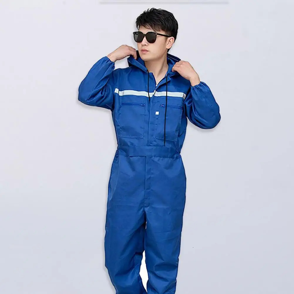 Unisex Work Overalls Hooded Drawstring Wearresistant Reflective Zipper Clothes Loose Pockets Safety Worker Coveralls 250725