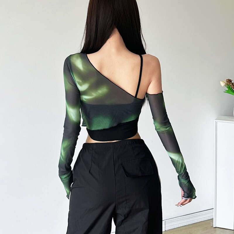 2024 Autumn New Women's Solid Color Slim Street Fashion Asymmetrical Neck Long Sleeve Printed Top b01
