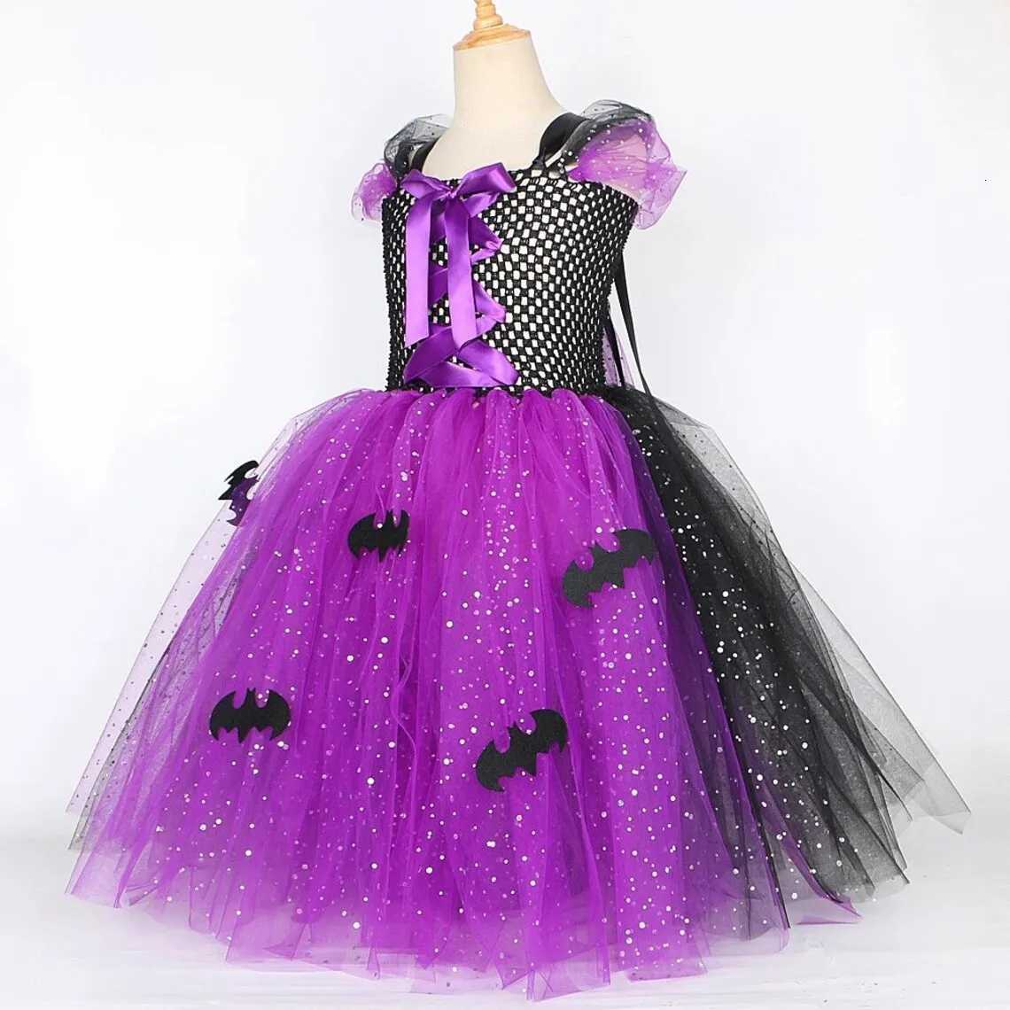 2025 Halloween Festive Par Girls Cosplay Witch Purple Puffy Sleeveless Bat Decoration Dress Girls Classic Festive Clothing Set Z250725