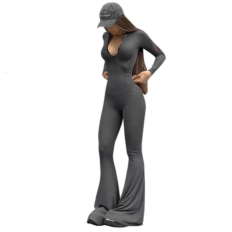 M23jp494 Women's Autumn New Solid Color Round Neck Zipper Slim Fit Flared Long Jumpsuit Casual Pants B5