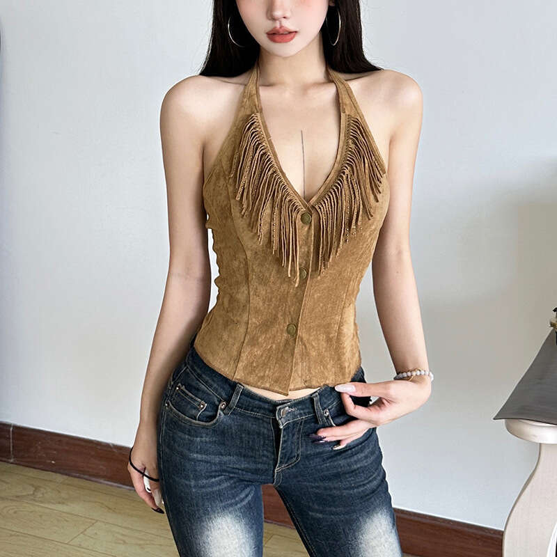 2025 Summer New Solid Color Sexy Halter Neck Single-Breasted Slim Fit Crop Top for Women c8b