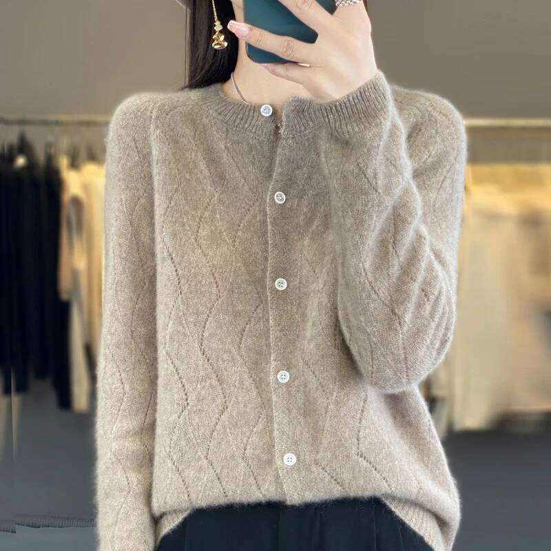 100% Pure Wool Women's Round Neck Cardigan Wave Hollow Cashmere Jacket Thin Knit Loose Versatile Sweater MDNG