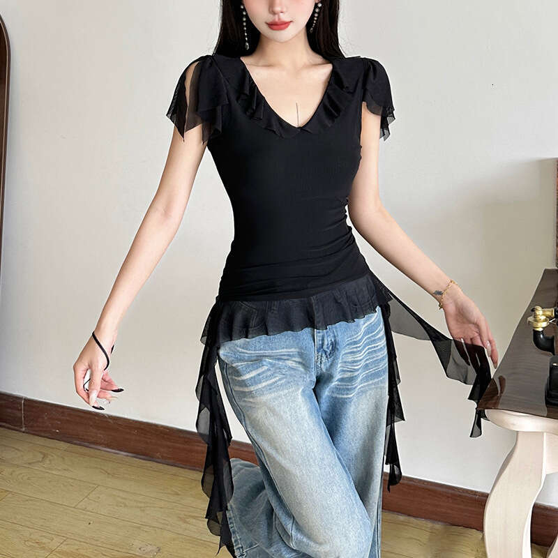 2025 New Summer Women's Solid Color Sexy V-Neck Short Sleeve Slim Mesh Ribbon Top def