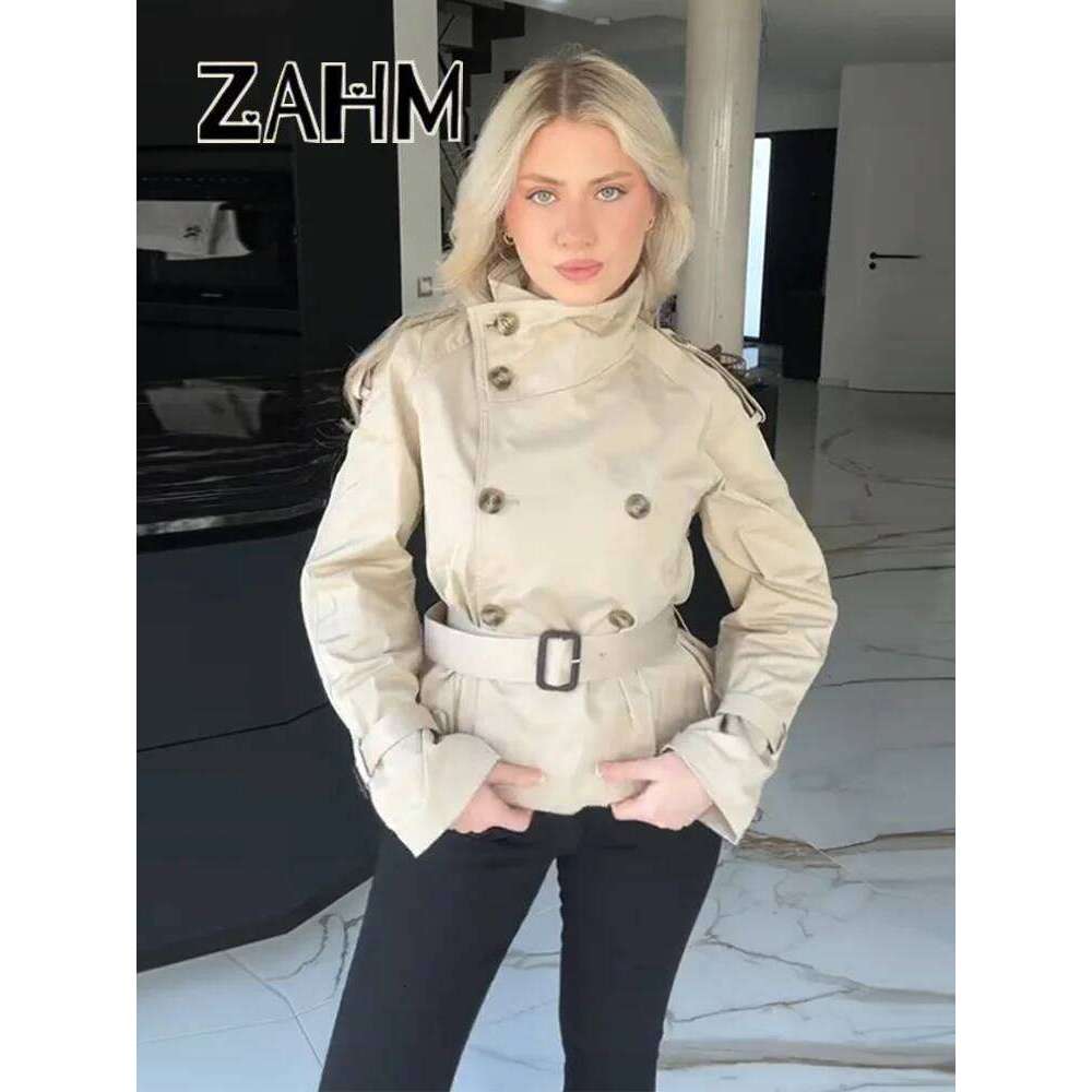 Fashion Women's Short Belt Jackets Long Sleeve Stand Collar Double Breasted Female Coat 2025 Autumn Lady Solid Outwear