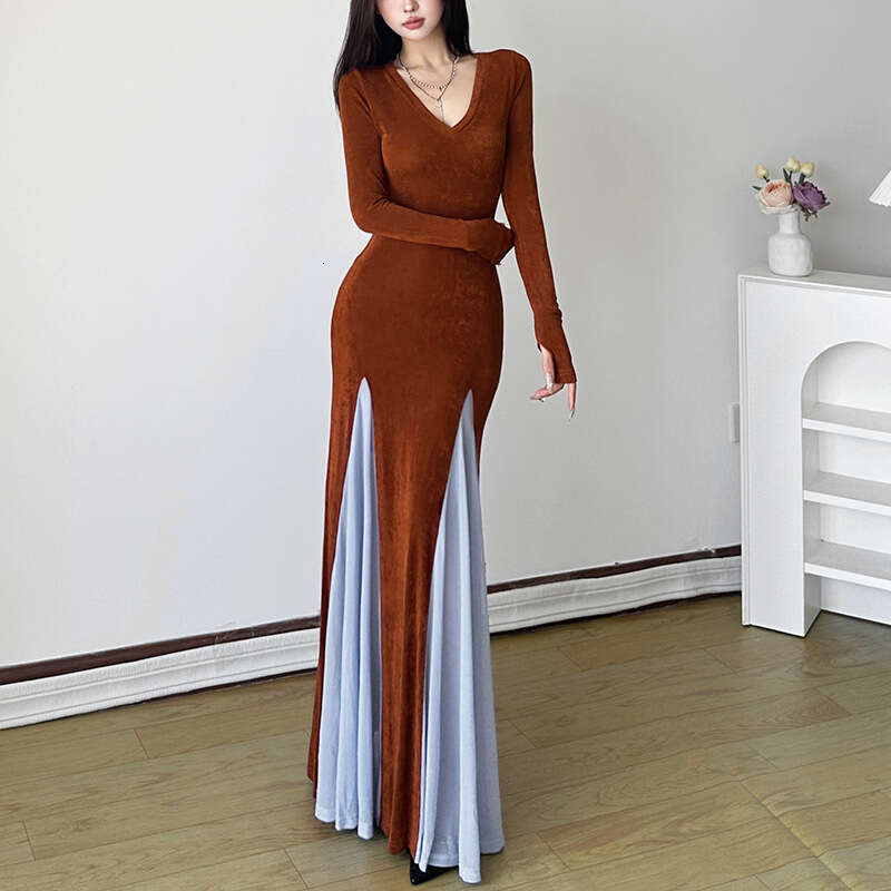 2024 Autumn New Fashion Solid Color Long Sleeve V-Neck Sexy Slim Fit Slit Dress df5