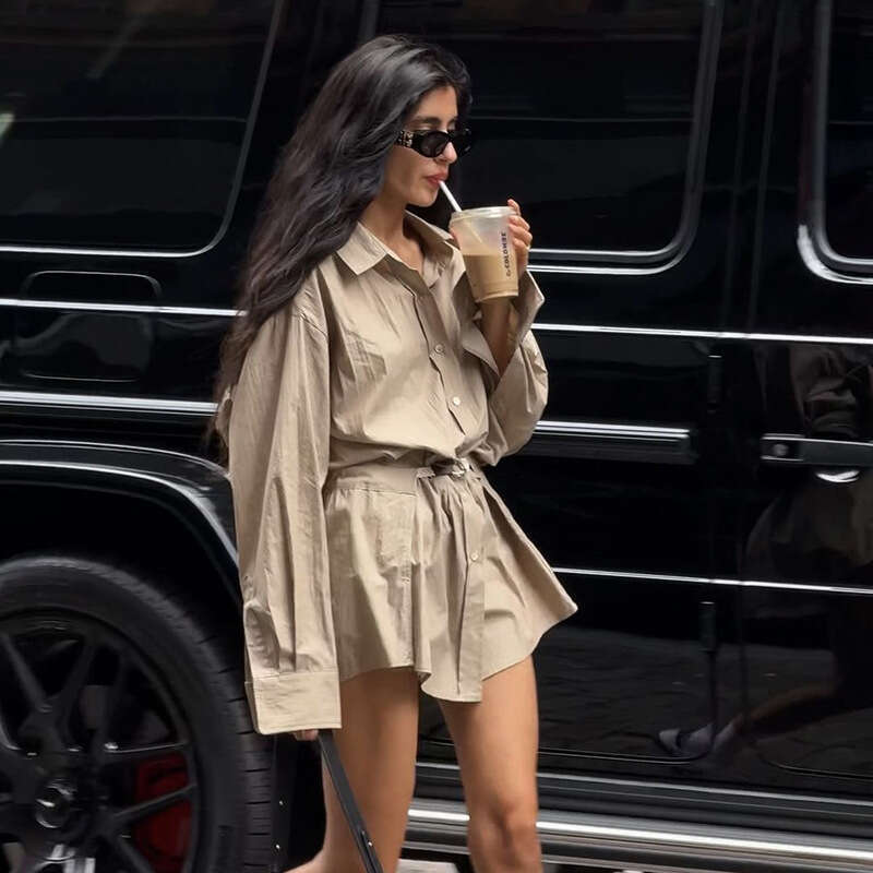 2024 Summer New Women's Solid Color Loose Street Fashion High Waist Turn-Down Collar Long Sleeve Dress f54