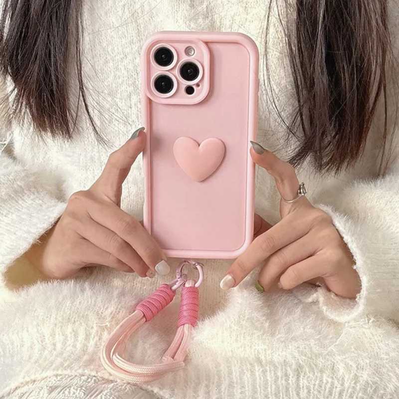 3D Pink Love Heart Silicone Soft Phone Case For iPhone 16 15 14 13 12 11 Pro Max XS XR X 7 8 Plus SE With Lanyard Rope Cover R250724