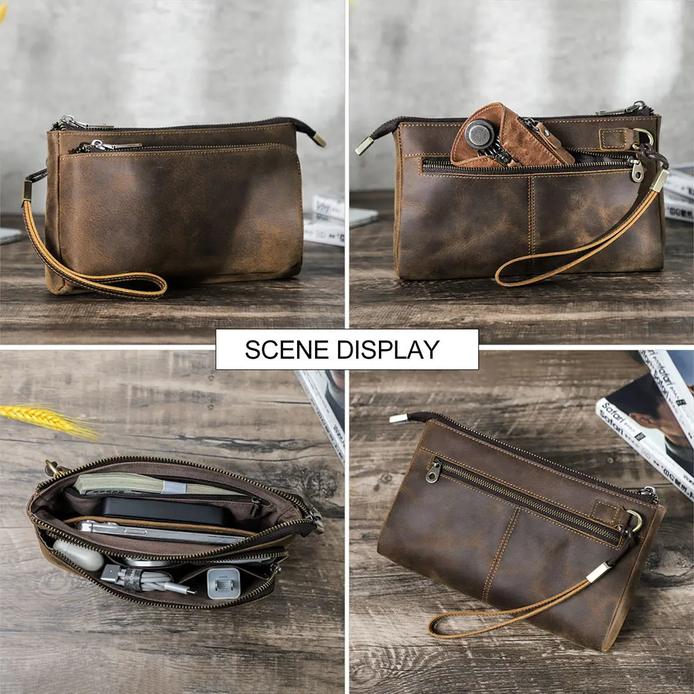 Cowhide Mens Clutch Bags Genuine Leather Men Business Travel Handbags Large Capacity Cable Organizer Clutch Purse Vintage Style 250723